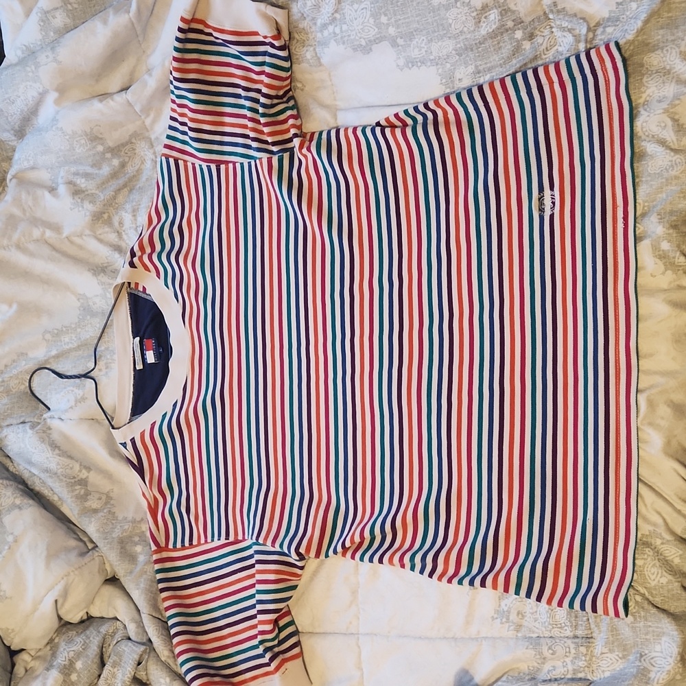 Tommy Hilfiger Rainbow Striped Knit T shirt Vintage 90s Rare